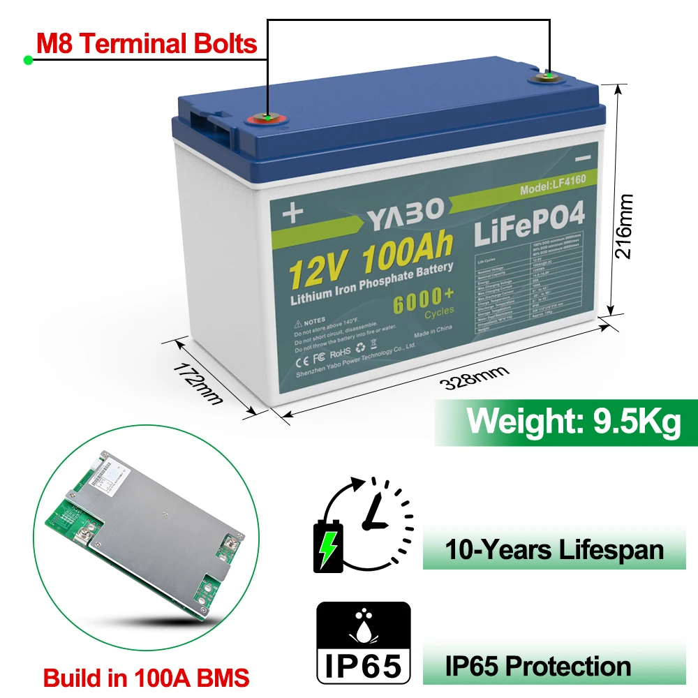 YABO Rechargeable Solar UPS Power 150Ah 200Ah 12V 100Ah LiFePO4 Battery Deep Cycle 12V BMS Energy Storage Lithium Battery