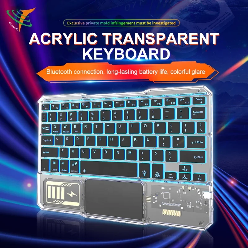 New Acrylic Transparent Keyboard Wireless Colorful Keyboard Portable for ipad Tablet Rechargeable Keyboard