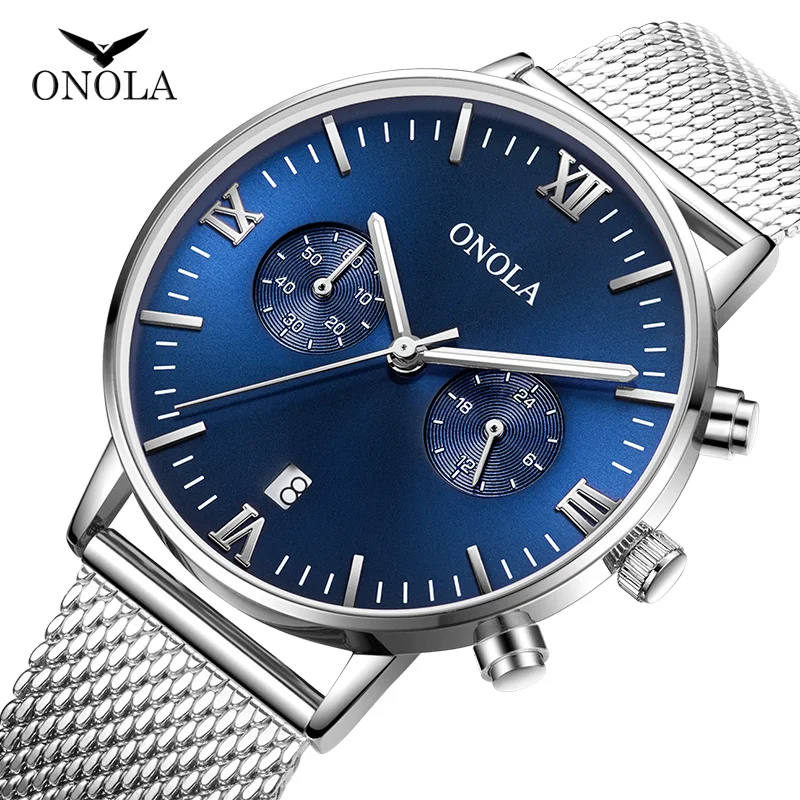 onola男士不锈钢网带石英模拟手表镀金计时码表商务手表男运动手表