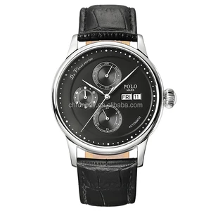 Men's Multi-Functional Mechanical Watch Artist Gold Case Black Dial Sapphire Crystal Leather Strap 30M Waterproof Hangzhou