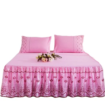 Hot sale European Korean princess solid color polyester light luxury cheap bedding set three poeces bed skirt lace edge
