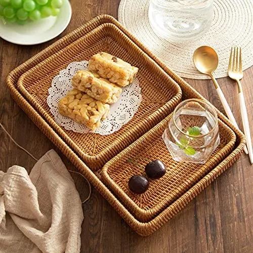 3 Set Rattan Tray Multi Purpose Adjustable Cutlery Bamboo Storage Trays for Bathroom Top