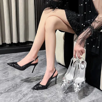 Fashionable Luxury Pumps Summer New Sexy Glitter Closed Toe Party Dress Shoes Thin High Heel Pointed Sandals For Ladies