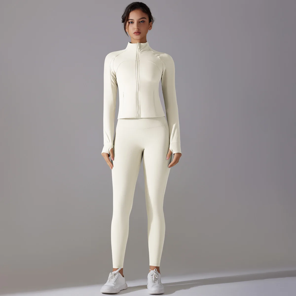 Stand Collar Zipper Long Sleeve Solid Breathable Yoga Wear High Waist Hip Lift Tight Pan preview