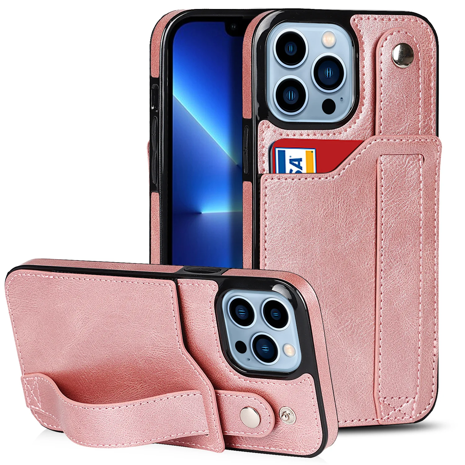 Leather iPhone 12 Pro Max Card Holder Finger Loop Case