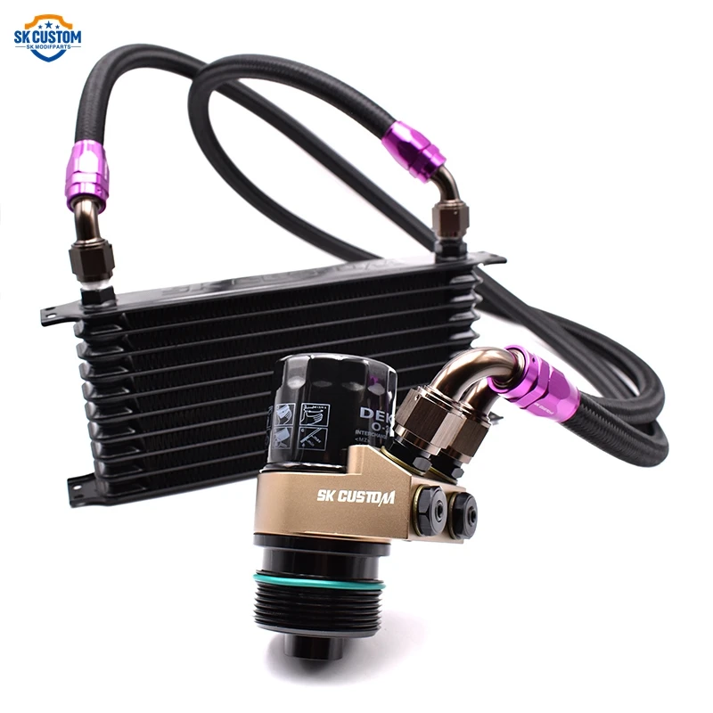 Black 10 Rows Oil Cooler Sandwich Adapter Kit For VW Golf MK7 1.8T 2.0T EA888 GEN3 Engine