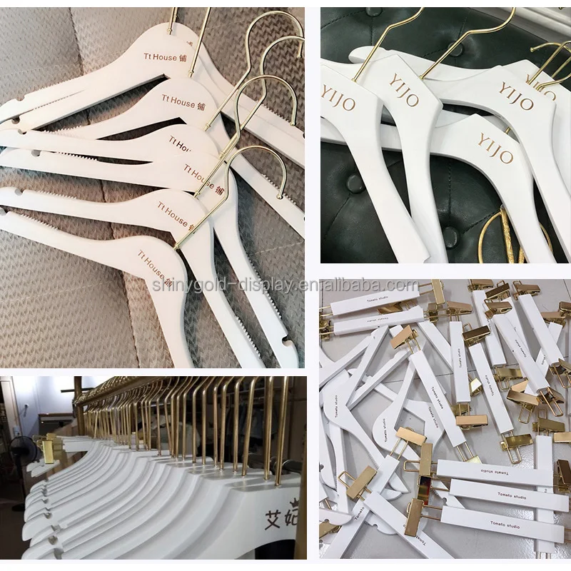 Free Custom Logo Luxury Cloth Hanger Wood Clip Hanger Non Slip Boutique Wooden White Clothes Hanger for Clothing Shop