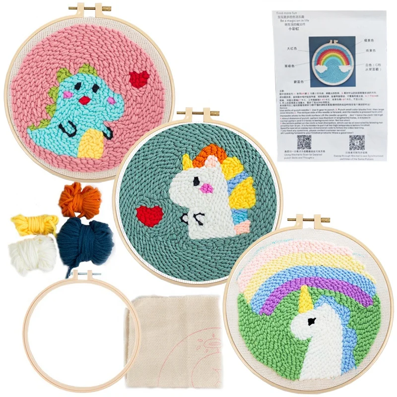 Diy Punch Needle Embroidery Kit With Embroidery Threads And Hoops Punch ...