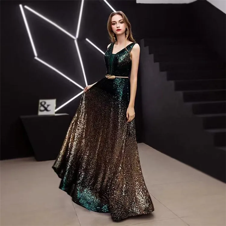 Romantic American Style Black Gold Sequined Evening Dress Elegant and Sexy  for Girls for Summer Parties