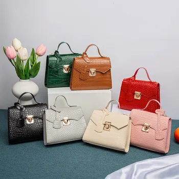 2024 Crocodile-Print Bag Ladies Fashion Simple Small Square Handbag Lock Closure Polyester/Pu Lining  high quality women's