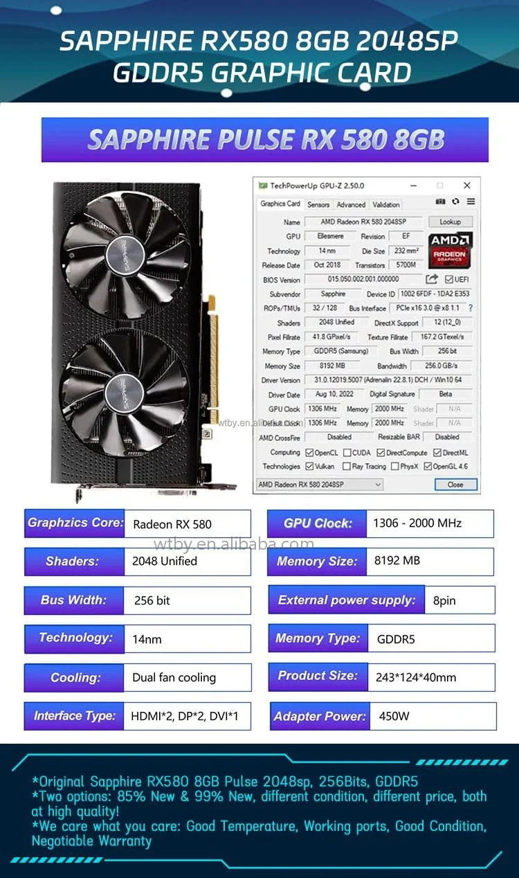 Carte graphique AMD Radeon RX 580 8GB – Gaming / PC / Upgrade - Ordinateurs