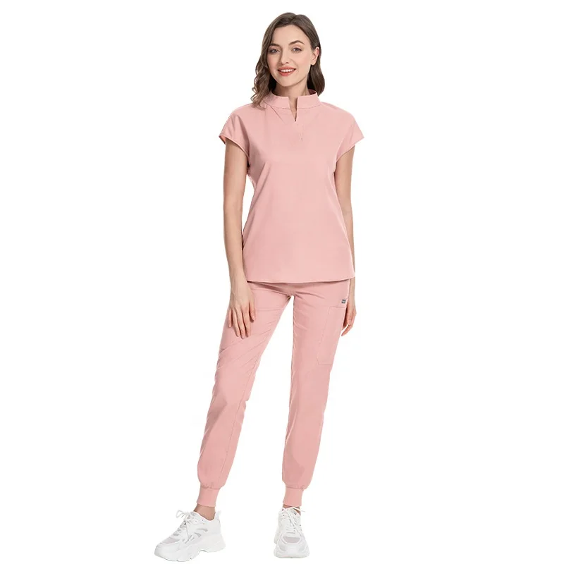 Logo Custom Chinese Classic Style 2 Piece Jogger Set Massage Beauty Salon Nursing Uniforms Women Solid Color Medical Scrubs