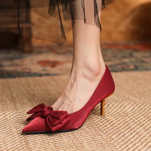 Xiuhe Women's 175-21 Wine Red Wedding Pumps Stiletto Heel Pointed Single Shoes Not Tired Feet Soft Leather Bride Shoes High