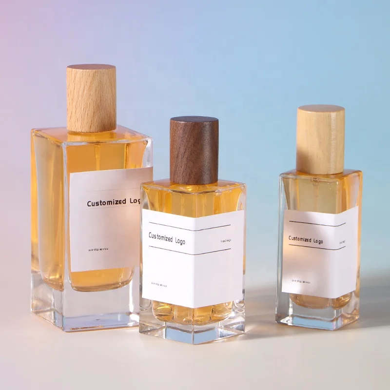 Rectangle Shape Vintage Style with Wooden Cap Transparent Luxury 50ml  Perfume Bottle