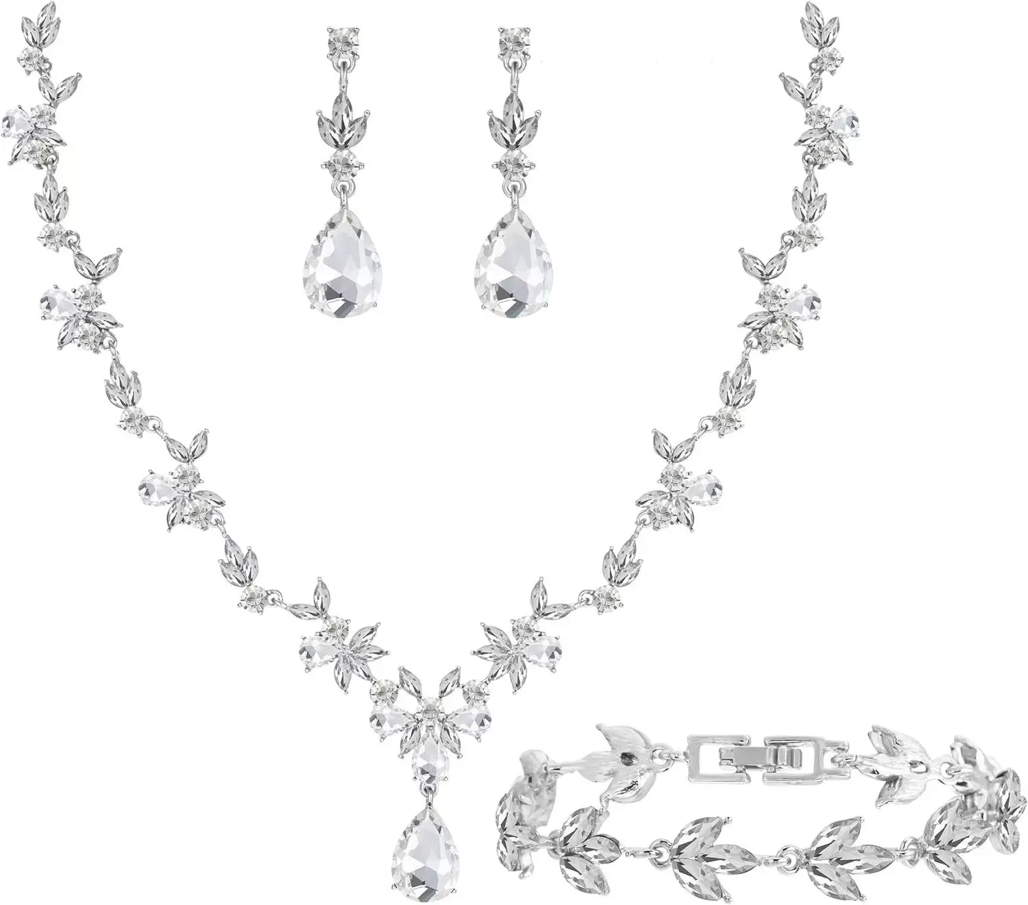 Bride Wedding Elegant Flower Jewelry Set Ladies Bride Crystal Jewelry ...