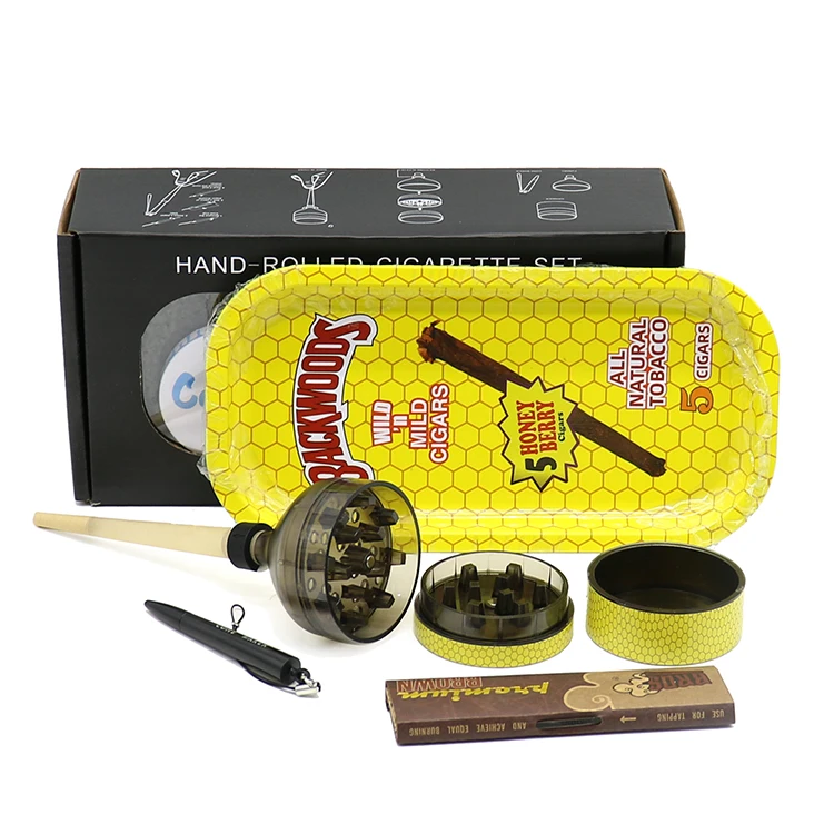 Wholesale Smoke Shop Hand Rolled Smoking Set Metal Rolling Tray Herb Grinder Funnel Cone Fill