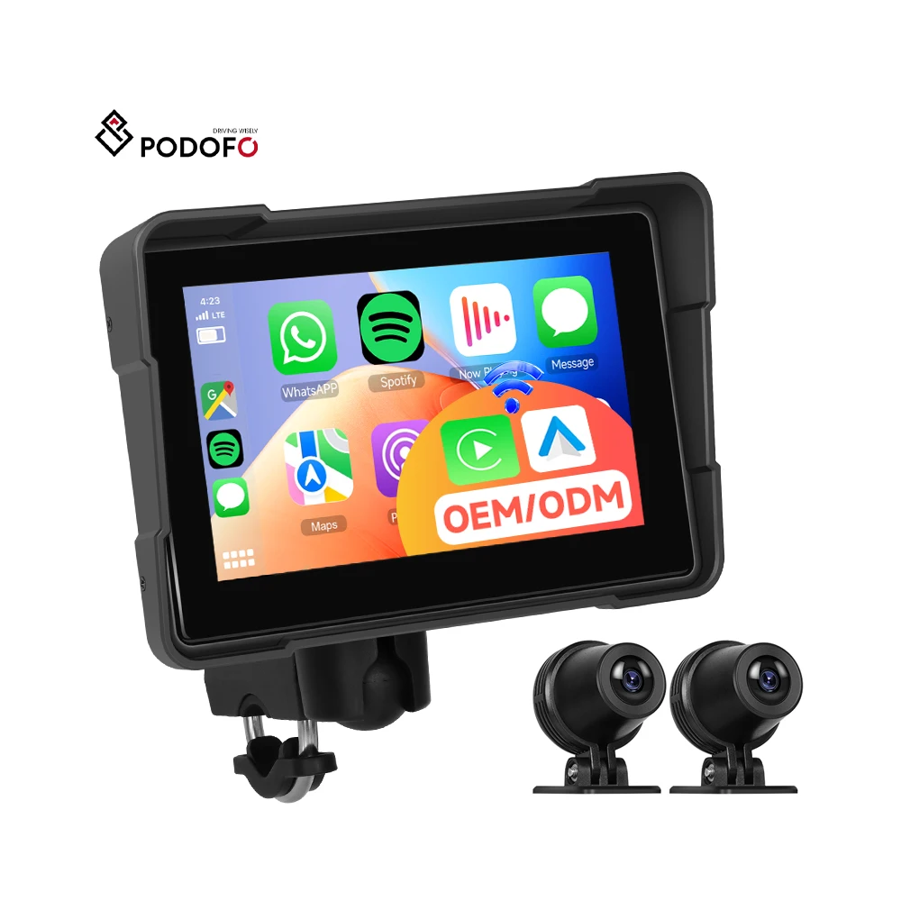 Podofo 5 Inch Motorcycle DVR Portable Car Radio Wireless Carplay Android Auto Rear + Front Camera Pressure Detection Autoradio A4059