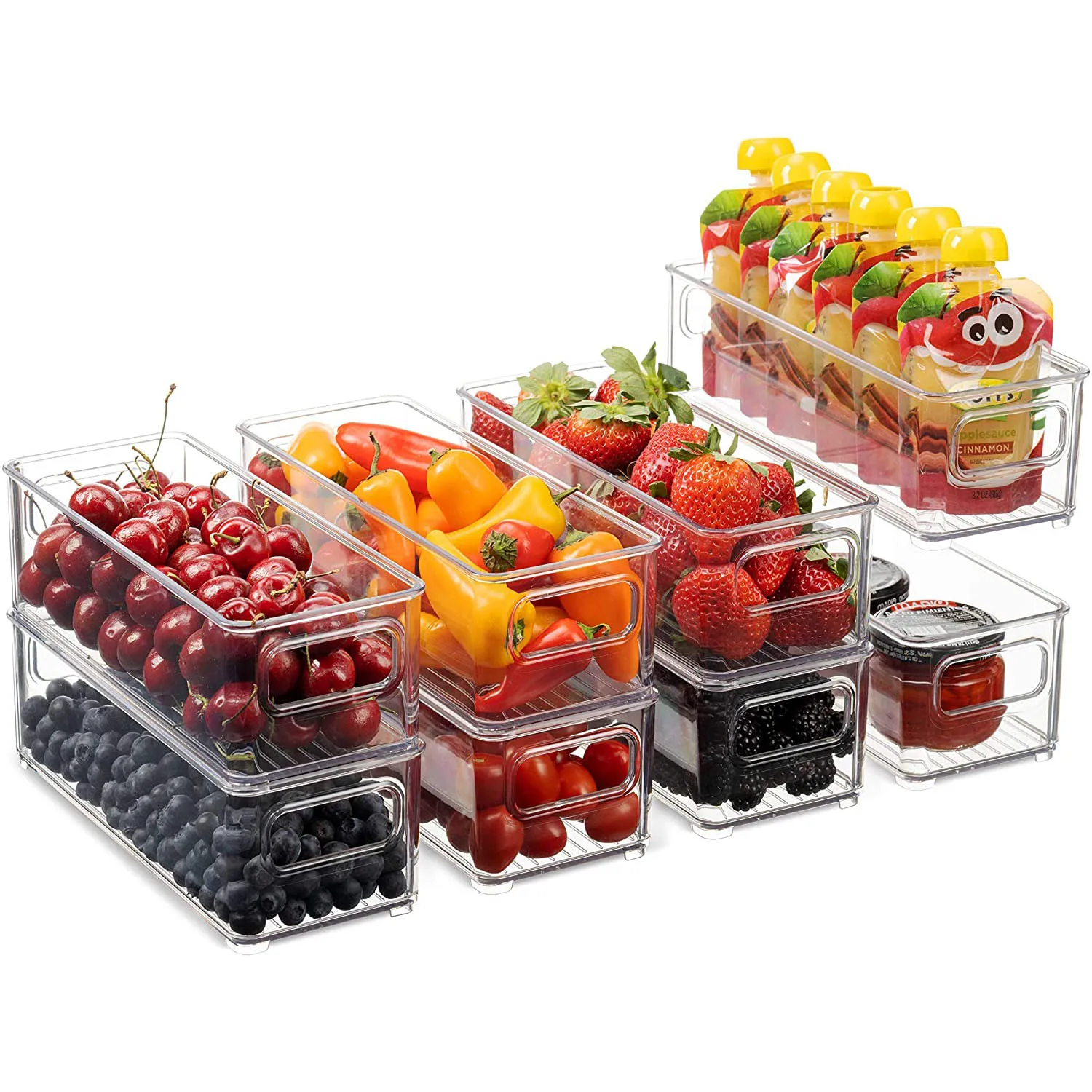 Set of 8 Stackable Plastic Food Storage Bins Refrigerator Organizer  Baskets  with Handle for Pantry Plastic Food Storage Rack