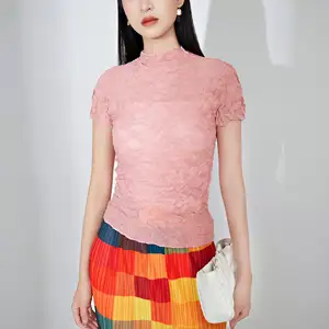 Miyake Women's Basic Half Turtleneck T-Shirt Short-Sleeved Casual Style High Quality Fabric Elegant Solid Color Print