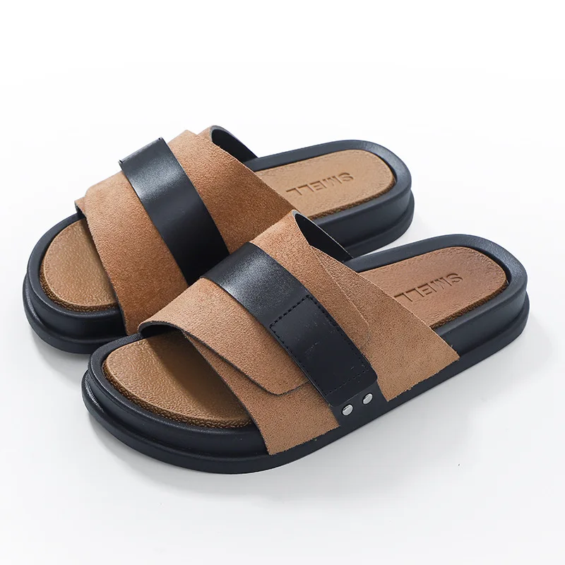 Casual Slippers for Men Leather With Double Straps and Metal Buckles Flat  Bottomed Anti Slip Mens Sandals New Model