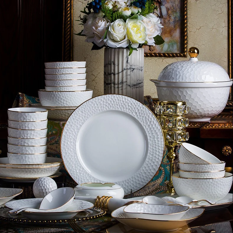 Tivray Luxury Food Grade Bone China Embossed Tableware Plates Set