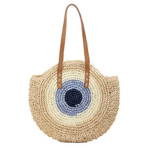 Vintage Woven Straw Stripe Round Ladies Women Tote Summer Beach Bag