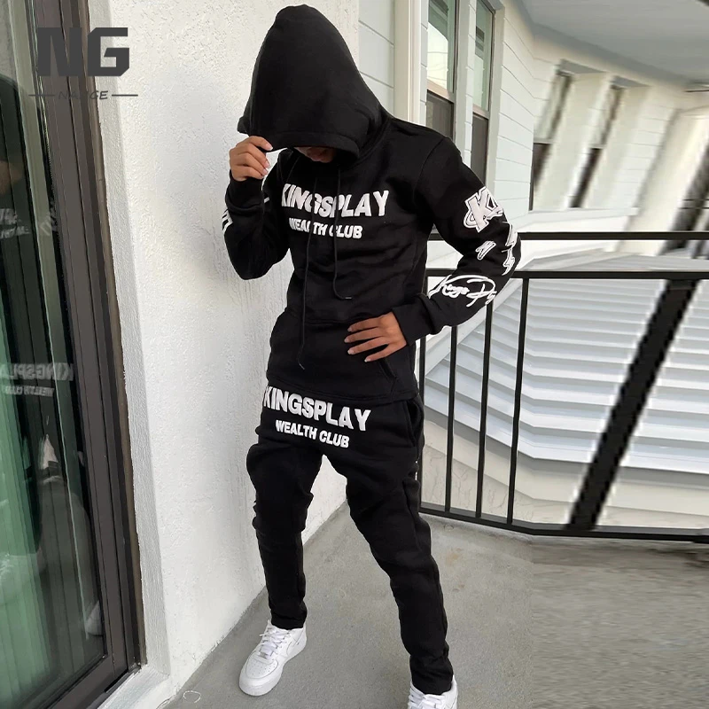 Custom Puff Print Sweatsuit Black Streetwear Hip Hop Sweatpants And