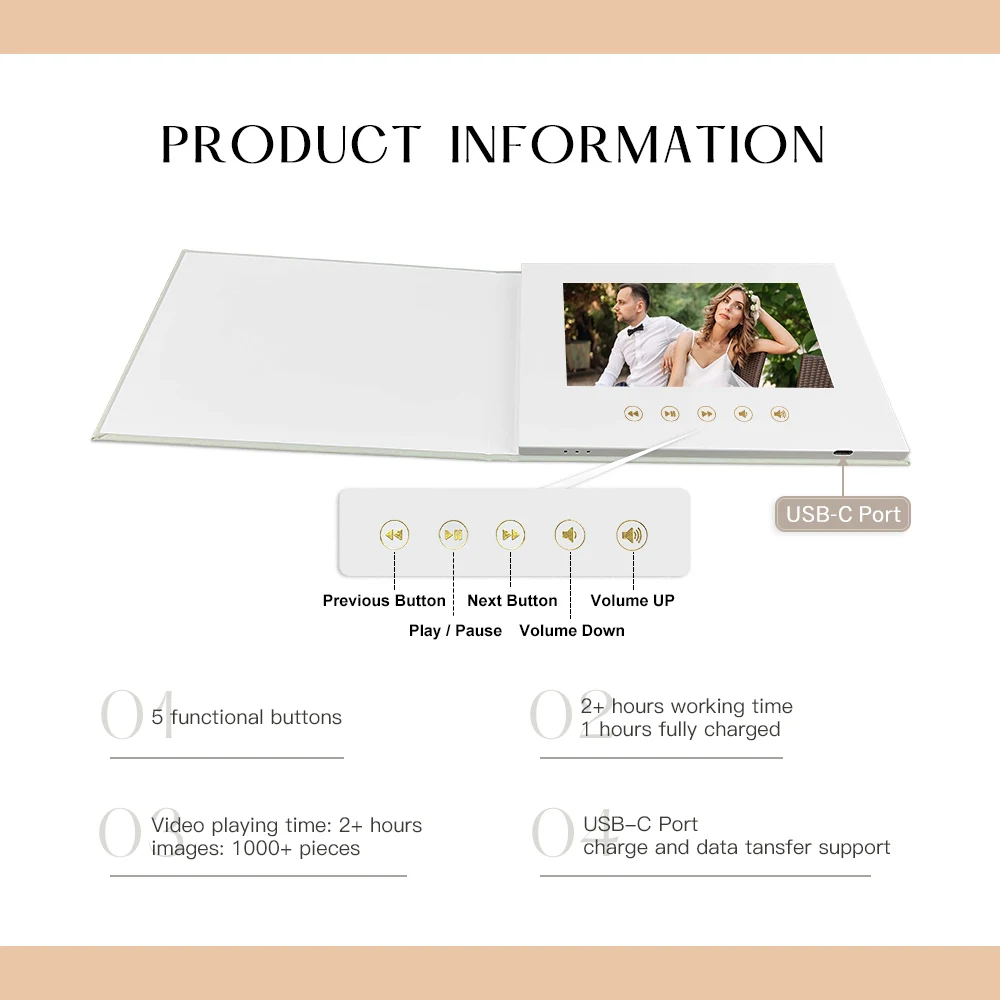 Customized Digital Book Wedding 7 Inch Lcd Video Album Always Forever Gold Foil Linen Bound Video Book