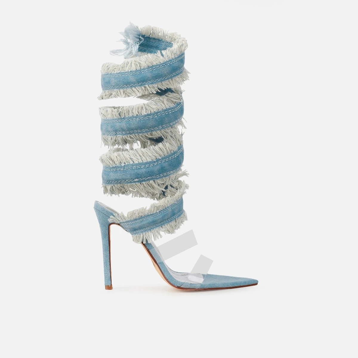 Lady Denim Fringed Pointy Toe PVC Strappy High Heel Sandal Sexy Women Blue Denim Ankle Strap Stiletto High Heel Pumps Shoes
