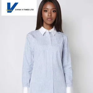 Blue Striped Casual Long-Sleeved White-Collar Shirt for Women Spring New Korean Style Petite Commuter Color-Blocking Patchwork