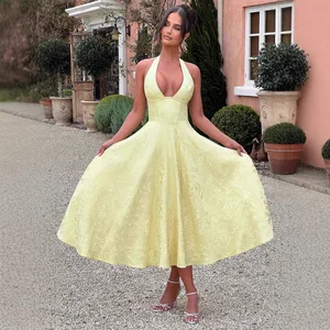 Wholesale French Retro Dresses Solid Color Vacation Style Dresses V Neck Halter Jacquard Waist Dresses