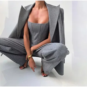 Fashion Women's Elegant  Solid Color Blazer Fishbone Suit Three-piece Set for Women High-waisted Trousers Pants Suit
