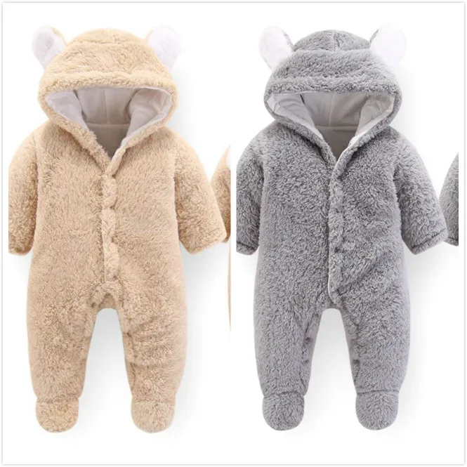 Зимняя одежда для новорожденных девочек, комбинезоны с медвежьими ушками, утепленный костюм с длинным рукавом, Детский комбинезон с капюшоном, одежда для сна