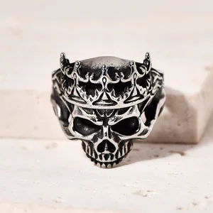 Punk Stainless Steel Skull Crown Ring with Natural Stone and Geometry Design Antique Silver Plated Men's Jewelry Wholesale