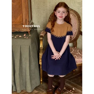 YOEHYAUL 25169 Early Autumn Kids Knitted Dress Contrast Color Short Sleeve Sweater Dress Crew Neck A-line Dress for Toddlers