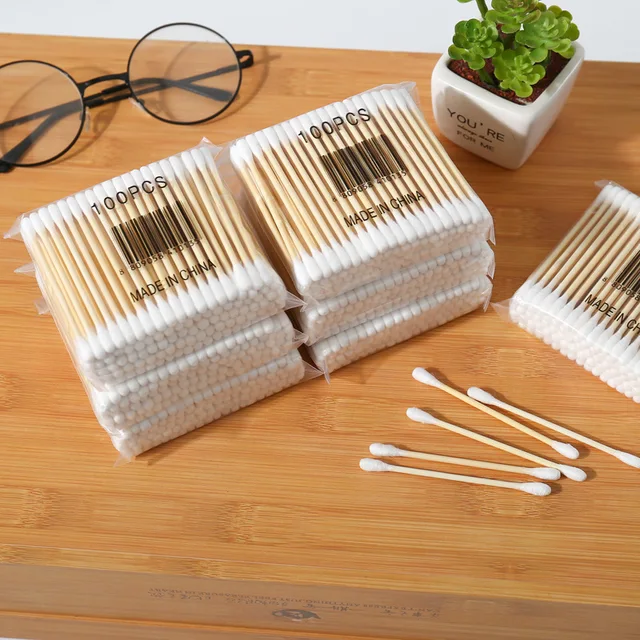 100 Pcs Per Bag Bamboo Wooden Stick Cleaning Cotton Swabs