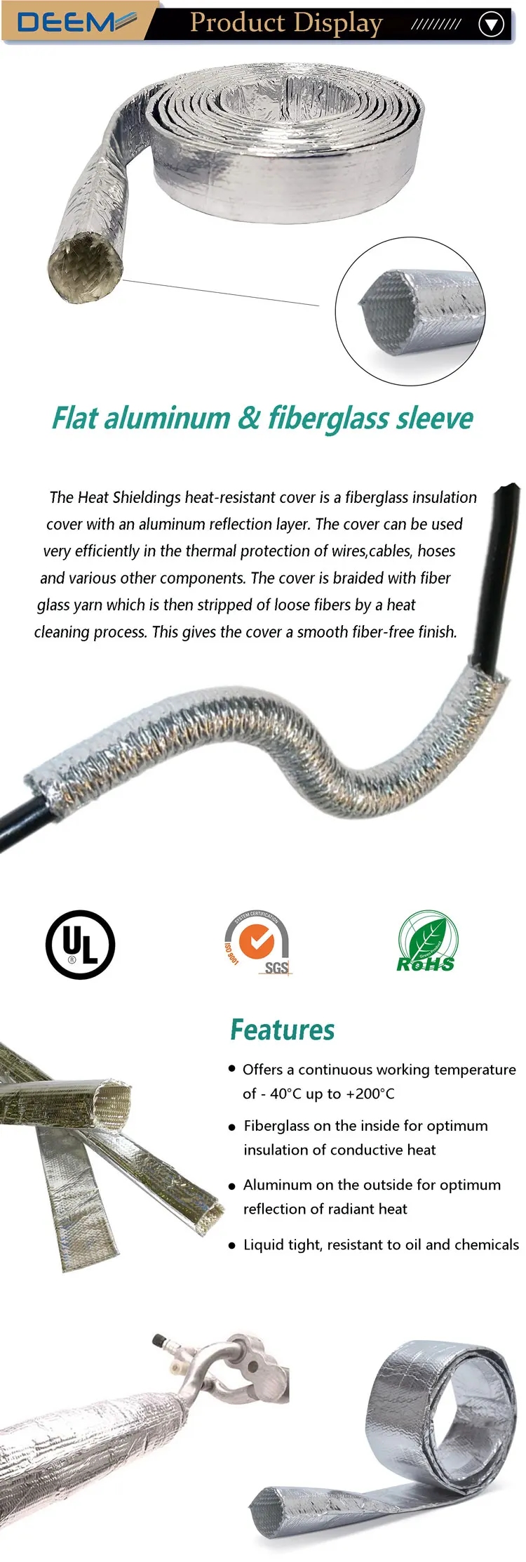 DEEM Electrical Insulation heat reflect Aluminum Coated fiberglass sleeving