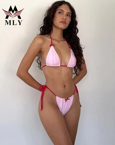 MLY Factory  Custom Women Swimwear Beachwear String Bikini Girl Pink Bow Sexy Bikini