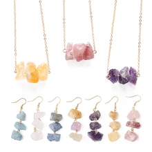 natural rose quartz raw stone healing crystal fashion gold chain necklace drop earring set for woman jewelry
