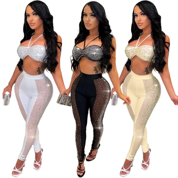 summer Wholesale Clothing sling nightclub hot drill see-through sexy Two Piece Set Women Clothing