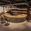 Dark cultural stone + natural wood color, long outer arc