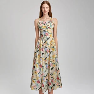 Custom High Quality Women's Halter Floral Linen and Cotton Midi Dress