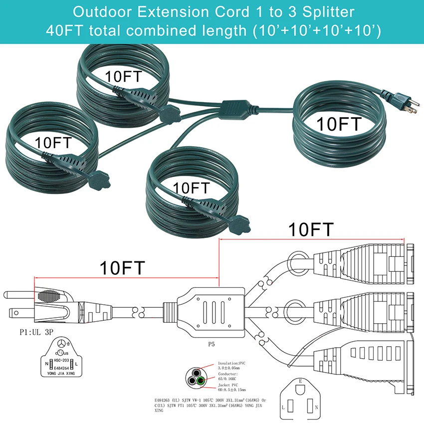 Factory Price Green American Ac 3 Pin Cable Extension Nema5-15p To Nema5-15r Male To Female 3 in 1 Outdoor Power Cord 9