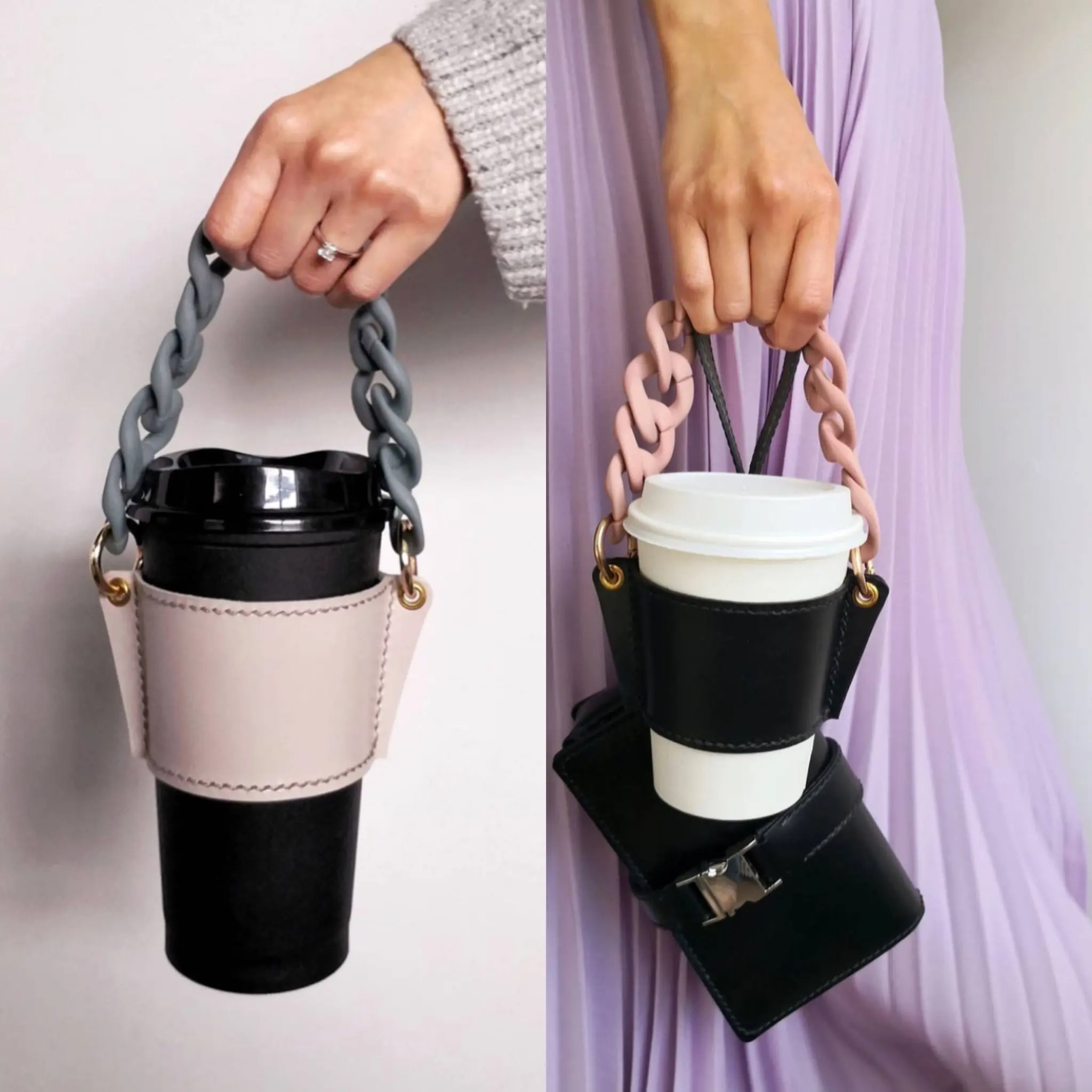 Personalized Coffee Cup Holder With Sleeve and Chain Strap