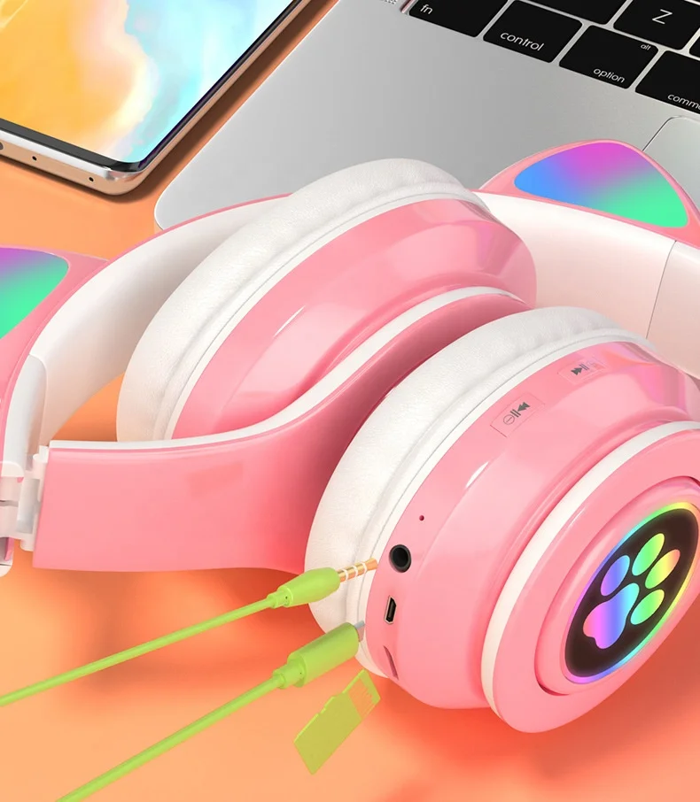 B39 Headsets Women Kids Children Cute Cat Ear Headphones Headset LED Glowing Foldable Cat Ear BT5.0 Earphone Wireless Headphones - ANKUX.COM