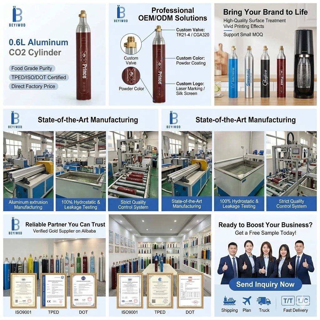 Élelmiszer-minőségű alumínium, 0,6 L-es, nagynyomású, 425 g-os újratöltő CO2-palack pezsgővíz-készítő gépekhez, ISO tanúsítvánnyal