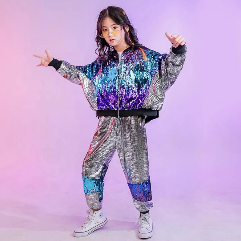 TiaoBug Girls Long Sleeve Mock Neck Sequins Crop Top And Jogger Cargo Trousers Jazz Hip Hop Dance Performance Costume