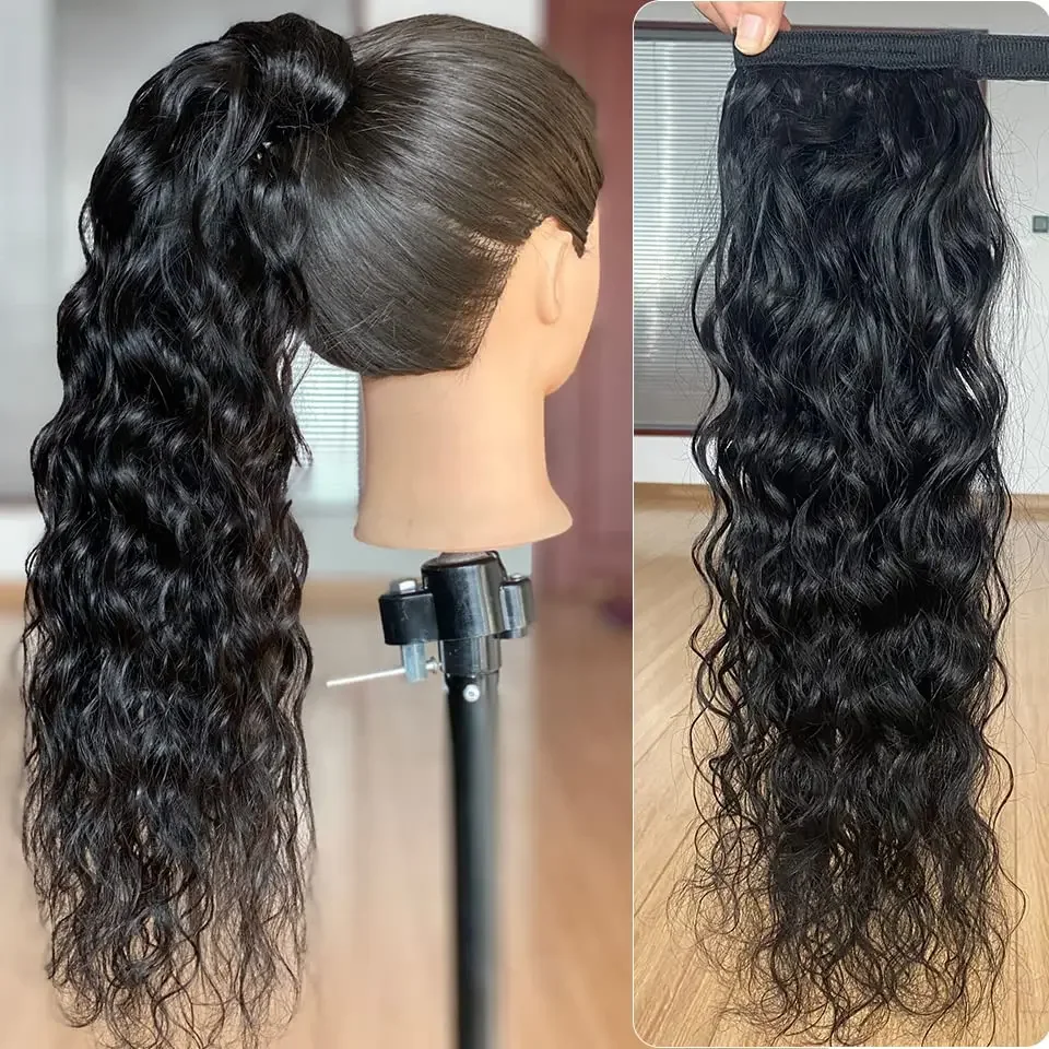 Tief gewellte Pferdeschwanz-Verlängerungen aus Echthaar, 35,6–66 cm, zum Anklipsen für Frauen, Nr. 1B_voghion.com