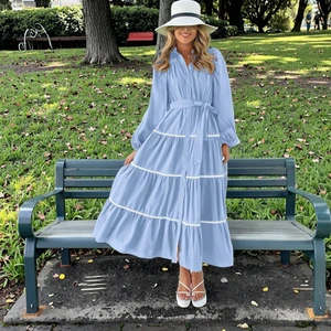 Women's Casual Summer XS Maxi Shirt Long Lantern Sleeve Pockets Buttoned Plain Dyed Loose Belted Tiered Design Summer Dress