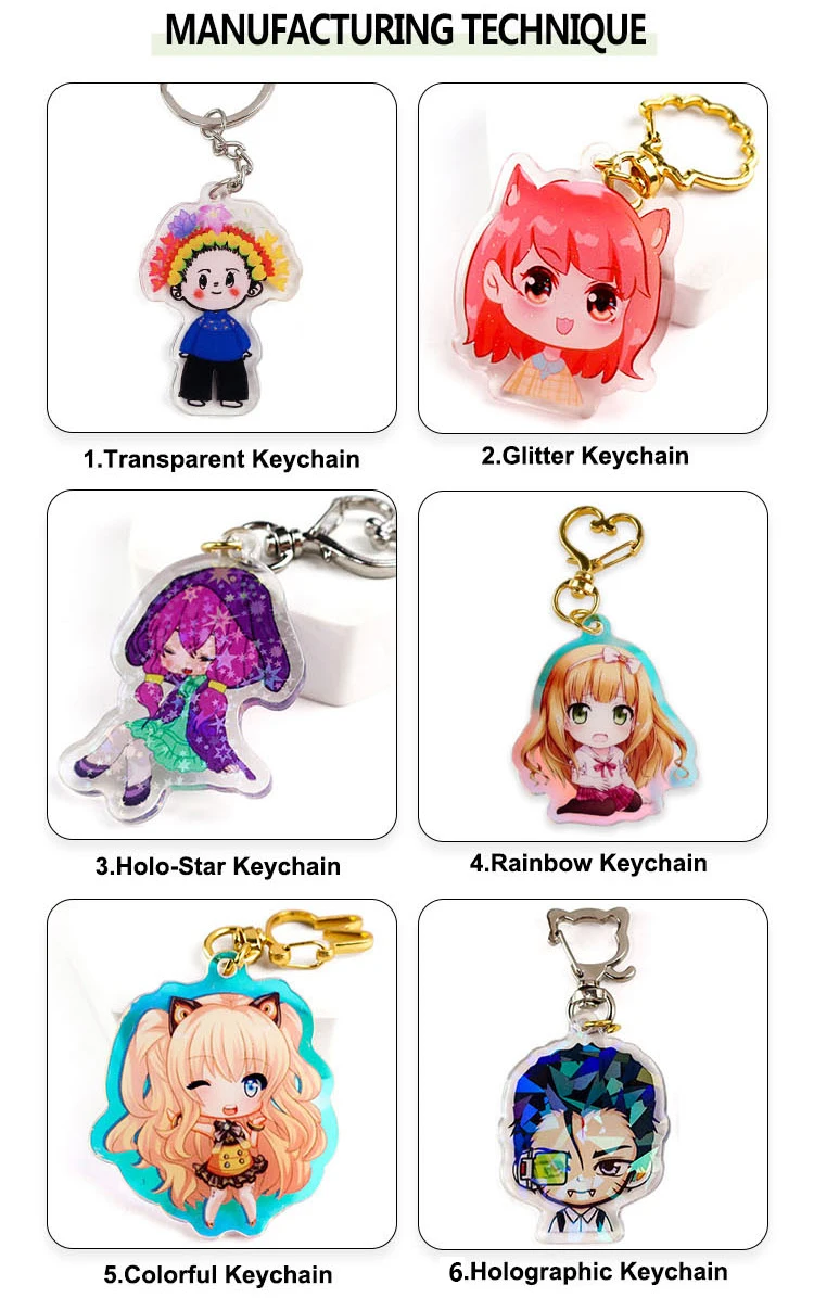 Custom anime printed epoxy clear glitter acrylic keychain charm for jewelry making